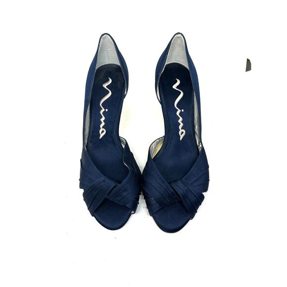 NINA Culver Satin Navy Asymmetric d'Orsay Cut Out Side Peep Dress Pump Heels 6.5 - Picture 4 of 9